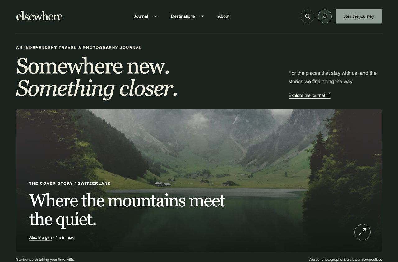 Elsewhere homepage in dark mode with an editorial introduction and a mountain cover story